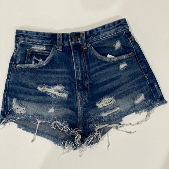 Zara Trafaluc High Rise Dark Wash Distressed Mini Shorts Size 00 - Picture 1 of 7